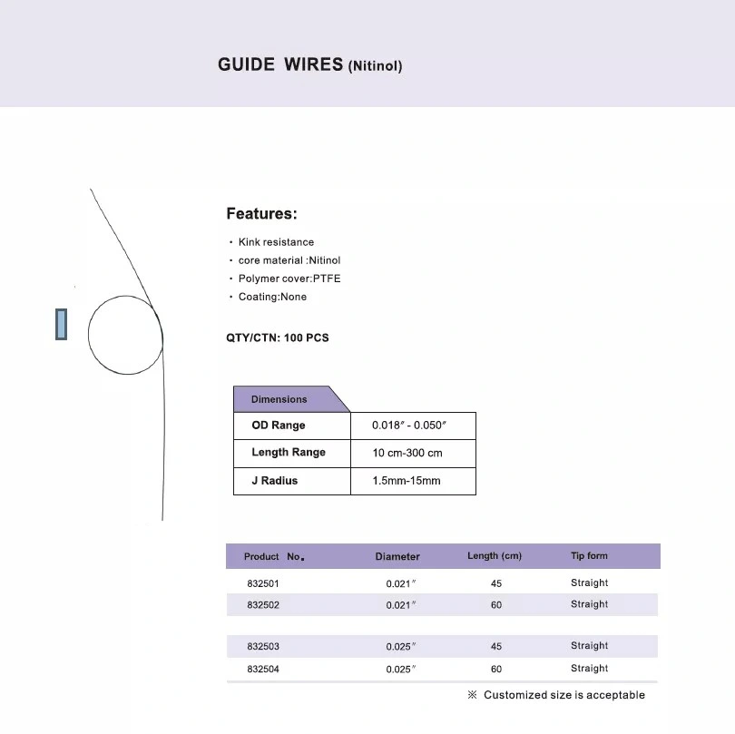 Medical Hydrophilic PTFE Coated Nitinol J Tip Catheter Guide Wire